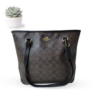 Coach Signature Leather Tote Bag Brown Black Trim Zip Top